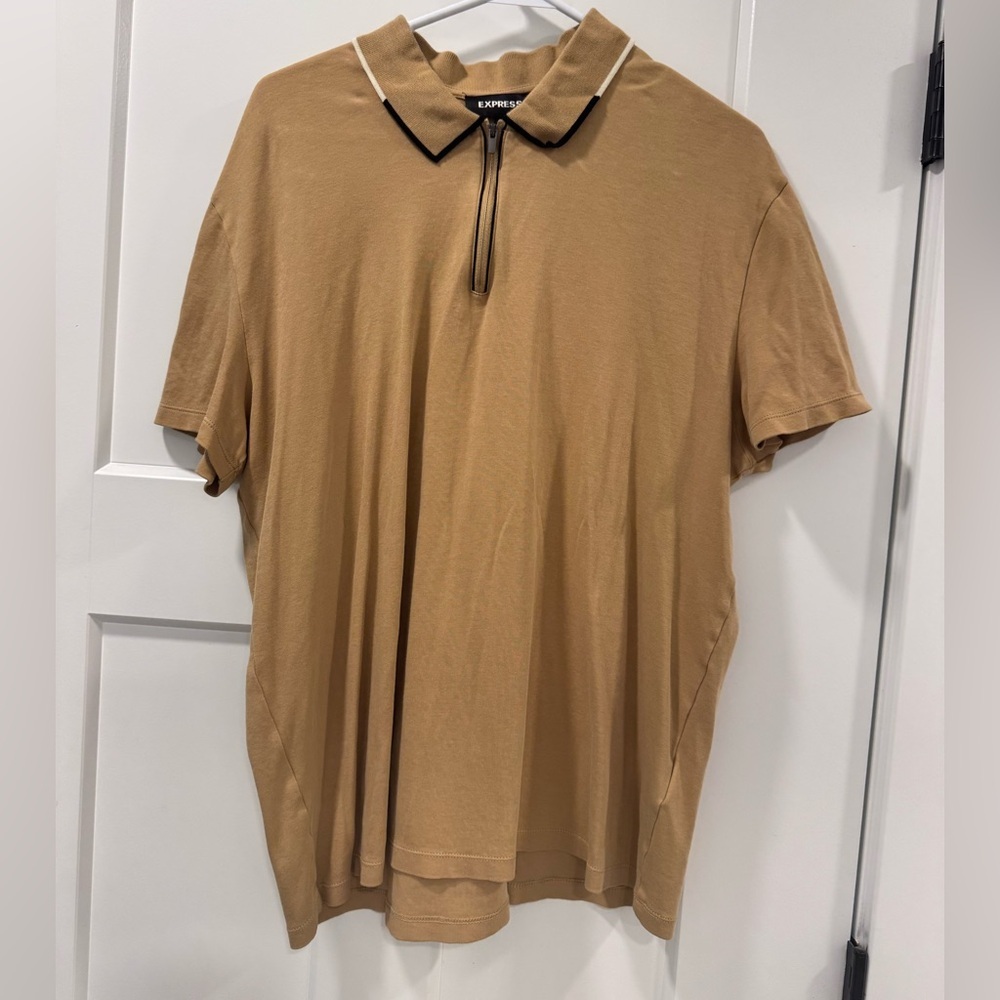 Express Men’s Camel Tan Polo Shirt with Zip Collar - Size L